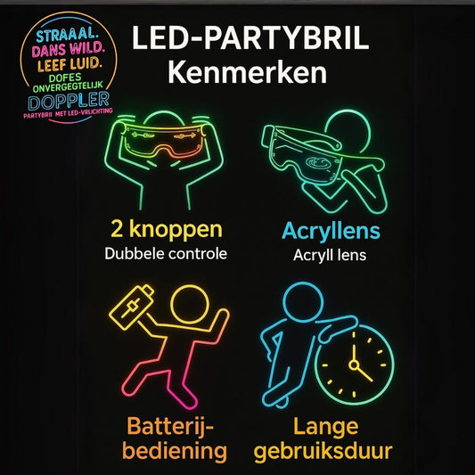 Futuristische LED feestbril van Doppler met afmetingen en technische specificaties – 15,5 cm breed, 4,5 cm hoog, uniseks maat, dubbele LED-bediening.
İngilizce: