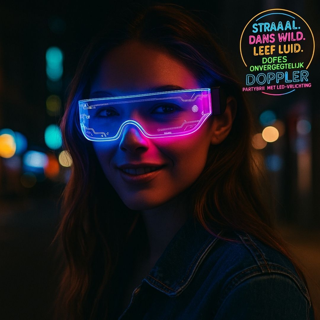Futuristische LED feestbril van Doppler met afmetingen en technische specificaties – 15,5 cm breed, 4,5 cm hoog, uniseks maat, dubbele LED-bediening.