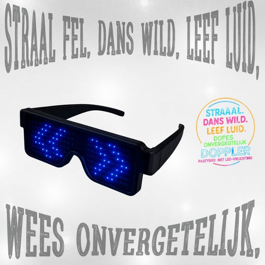Een collectie van Doppler LED-partybrillen met verschillende dynamische lichtpatronen in meerdere kleuren – perfect voor feestjes, festivals en Koningsdag.