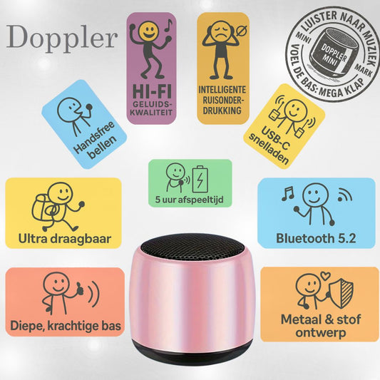 Doppler Mini roze draagbare draadloze Bluetooth-speaker met extra bas en tot 5 uur batterijduur
