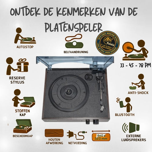 Fomix FM200 Bluetooth platenspeler met houten afwerking en twee externe luidsprekers