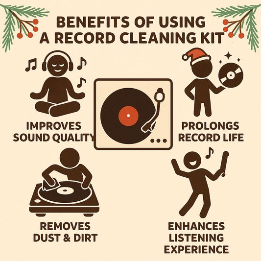 Vinyl platen reinigings- en onderhoudskit met vloeistof, antistatische doek en labelbeschermer – complete set voor LP-verzorging.