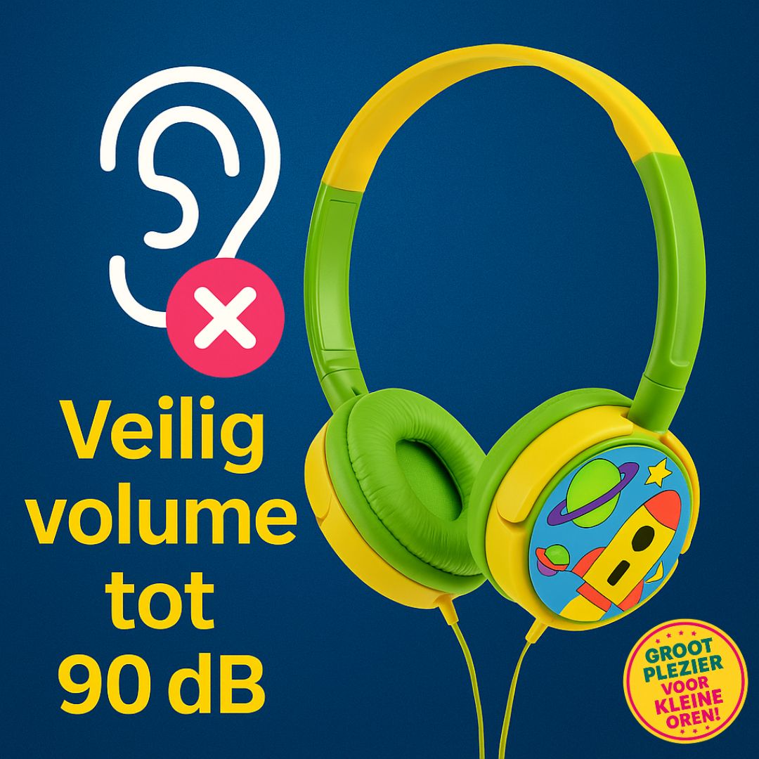 "Volkano Junior Explorer kindvriendelijke over-ear hoofdtelefoon met kleurrijk raket- en planeetontwerp, bedrade aansluiting en 90 dB volumebegrenzer."