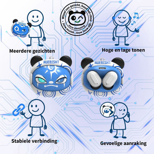 Blauwe Bibo Baby draadloze oordopjes met verwisselbare gezichtjes – speels ontwerp en helder geluid voor kinderen.