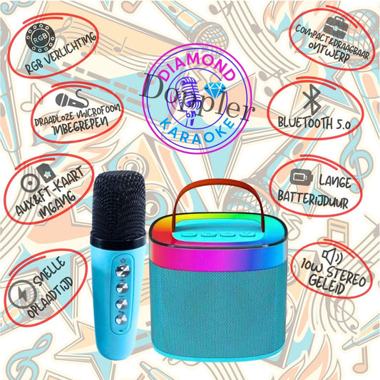 Doppler Diamond – Bluetooth Karaoke Microfoon met LED, Turquoise Blauw, 10W Speaker - FivesquareNLTurquoise BlauwDoppler Diamond – Bluetooth Karaoke Microfoon met LED, Turquoise Blauw, 10W Speaker