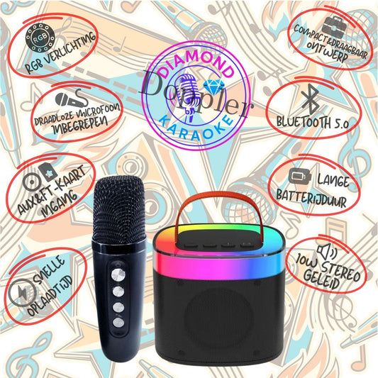 Doppler Diamond – Bluetooth Karaoke Microfoon met LED, Zwart, 10W Speaker - FivesquareNLZwartDoppler Diamond – Bluetooth Karaoke Microfoon met LED, Zwart, 10W Speaker