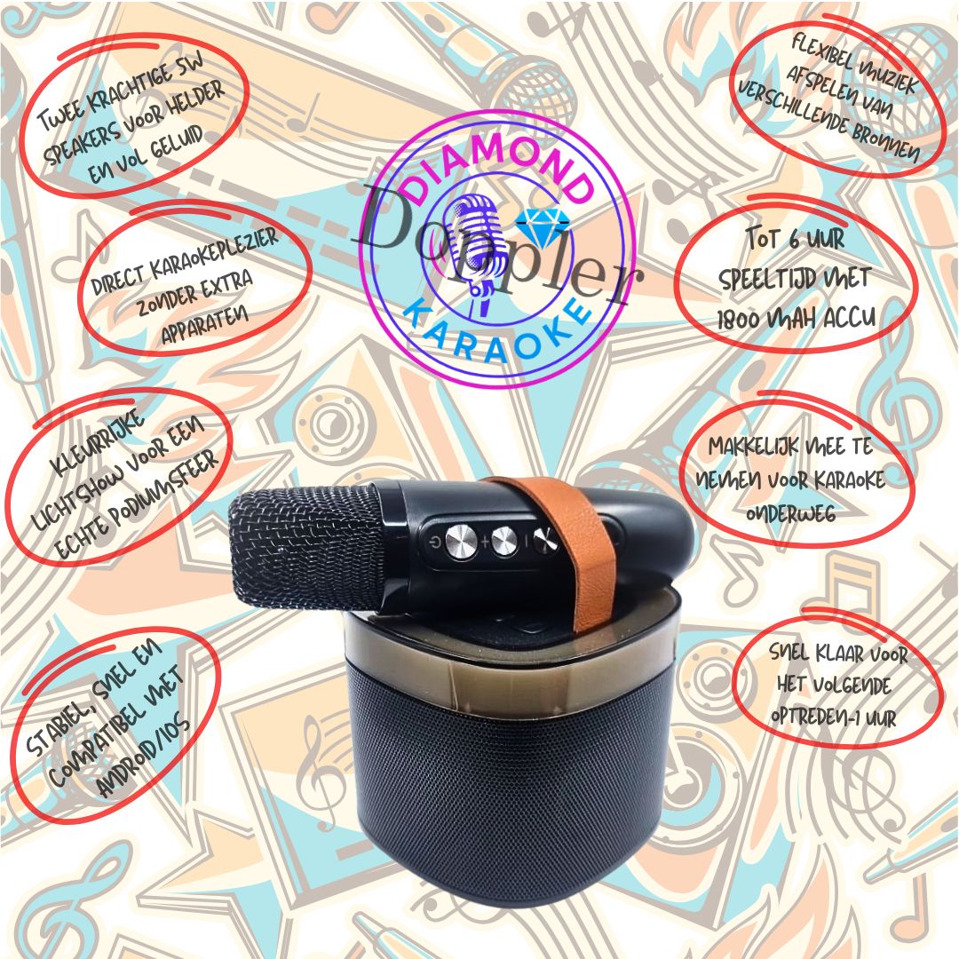 Doppler Diamond – Bluetooth Karaoke Microfoon met LED, Zwart, 10W Speaker - FivesquareNLZwartDoppler Diamond – Bluetooth Karaoke Microfoon met LED, Zwart, 10W Speaker