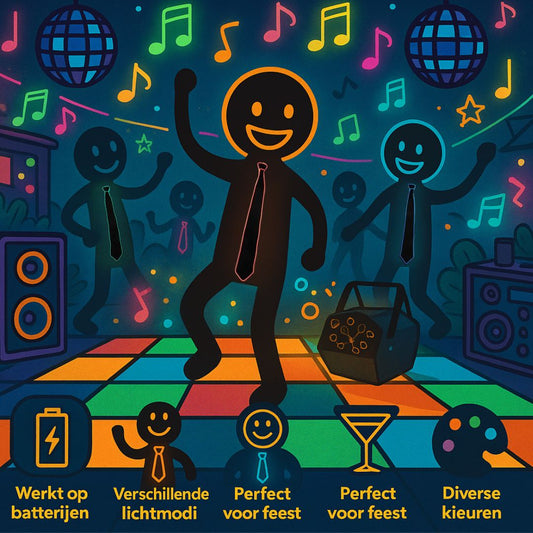 Mensen die feesten in een discotheek met Doppler LED-verlichte dassen, strikken en glow party accessoires