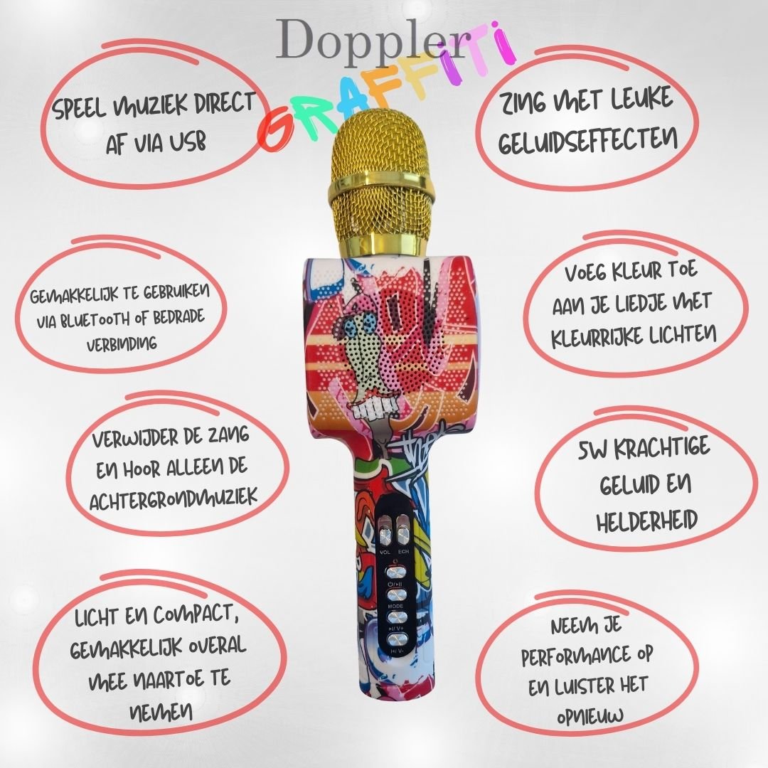 Doppler Graffiti Karaoke Microfoon Geluidsverandering en Opname Functie, Verlichte Microfoon - FivesquareNLDoppler Graffiti Karaoke Microfoon Geluidsverandering en Opname Functie, Verlichte Microfoon