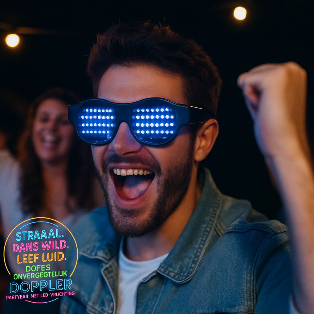 LED feestbril van Doppler met 16 lichteffecten, draadloos ontwerp en verwisselbare kleuren – ideaal voor feest, bruiloft, festival of oudjaarsavond.