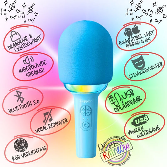 Doppler Rainbow Karaoke Microfoon in Blauw Draadloos, LED Stemvervormer - FivesquareNLTurquoise BlauwDoppler Rainbow Karaoke Microfoon in Blauw Draadloos, LED Stemvervormer
