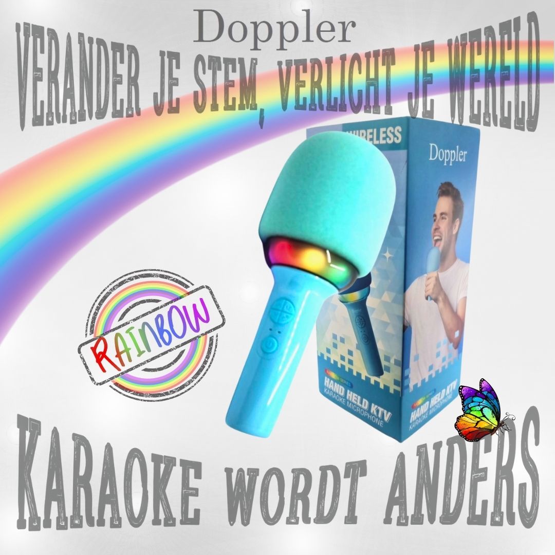 Doppler Rainbow Karaoke Microfoon in Roze Draadloos, LED Stemvervormer - FivesquareNLTurquoise BlauwDoppler Rainbow Karaoke Microfoon in Roze Draadloos, LED Stemvervormer