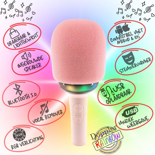 Doppler Rainbow Karaoke Microfoon in Roze Draadloos, LED Stemvervormer - FivesquareNLRozeDoppler Rainbow Karaoke Microfoon in Roze Draadloos, LED Stemvervormer