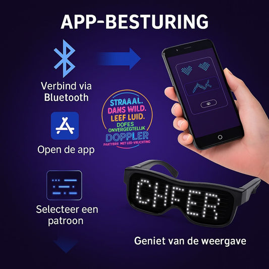 Doppler Smart LED feestbril met 202 heldere LED-lampjes, draadloze bediening via Bluetooth en aanpasbare tekst- en emojiweergave. Verkrijgbaar in 6 kleuren: multicolor, blauw, rood, roze, groen en wit. Ideaal voor feestjes, festivals, Koningsdag en nachtevenementen."