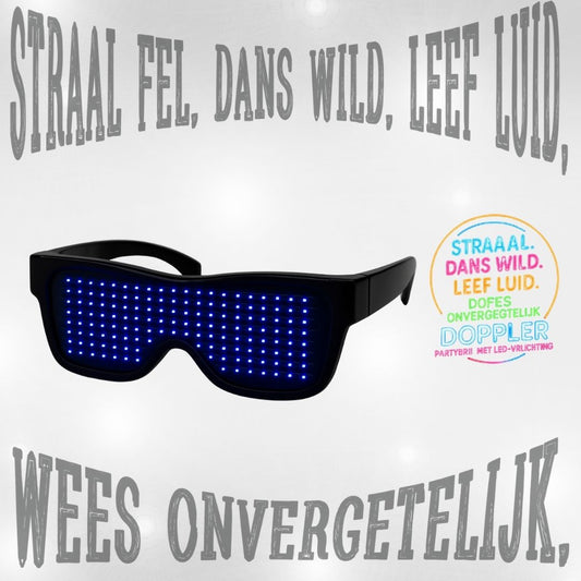 Doppler Smart LED feestbril met 202 heldere LED-lampjes, draadloze bediening via Bluetooth en aanpasbare tekst- en emojiweergave. Verkrijgbaar in 6 kleuren: multicolor, blauw, rood, roze, groen en wit. Ideaal voor feestjes, festivals, Koningsdag en nachtevenementen."