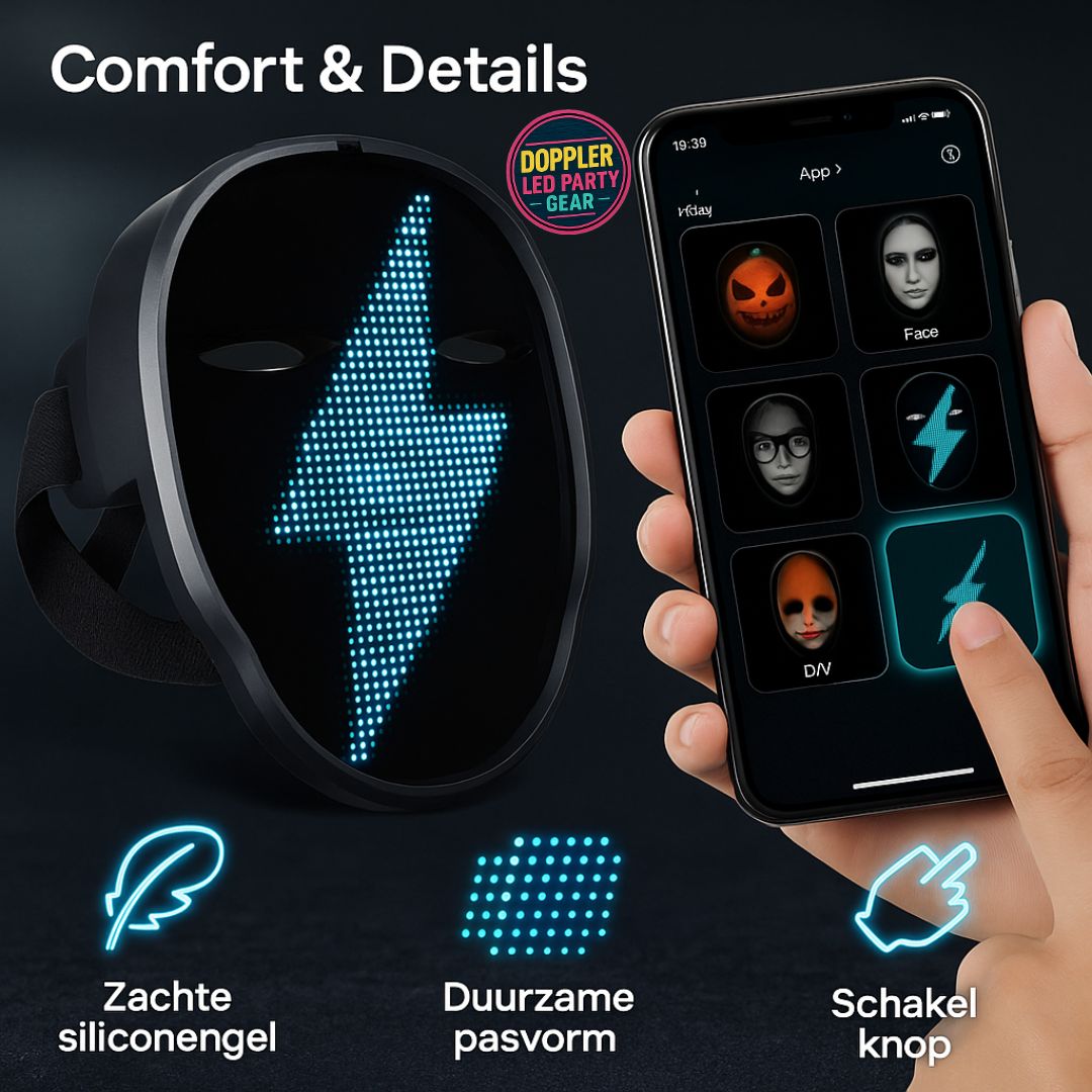 Doppler Smart LED Feestmasker – Draadloos, oplaadbaar masker met kleurrijke LED-verlichting, animaties, teksten en app-bediening voor feest, carnaval en evenementen.
