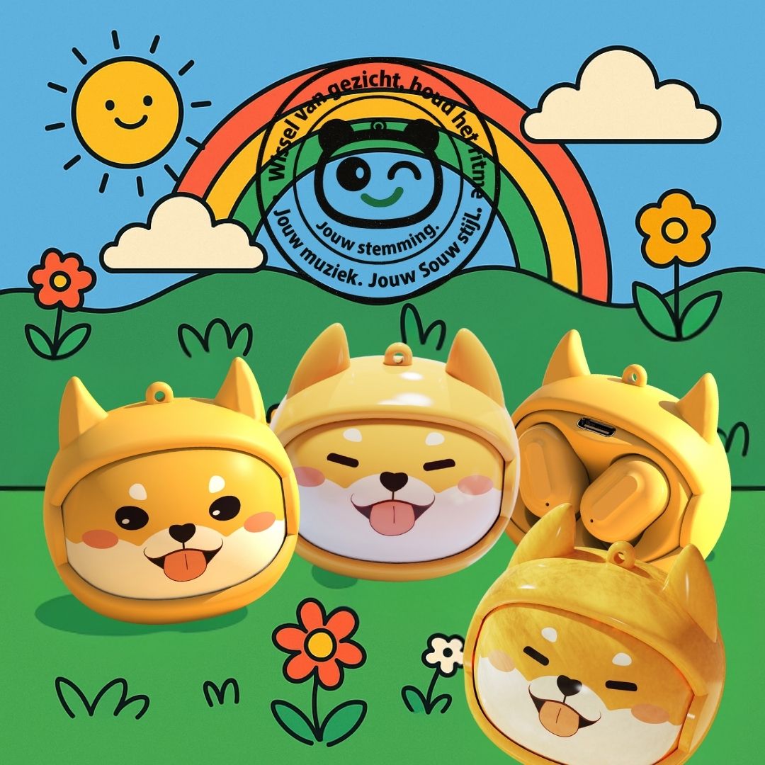 Gele Shiba oordopjes met verwisselbare gezichten – draadloze TWS oordopjes voor kinderen, speels en stijlvol.