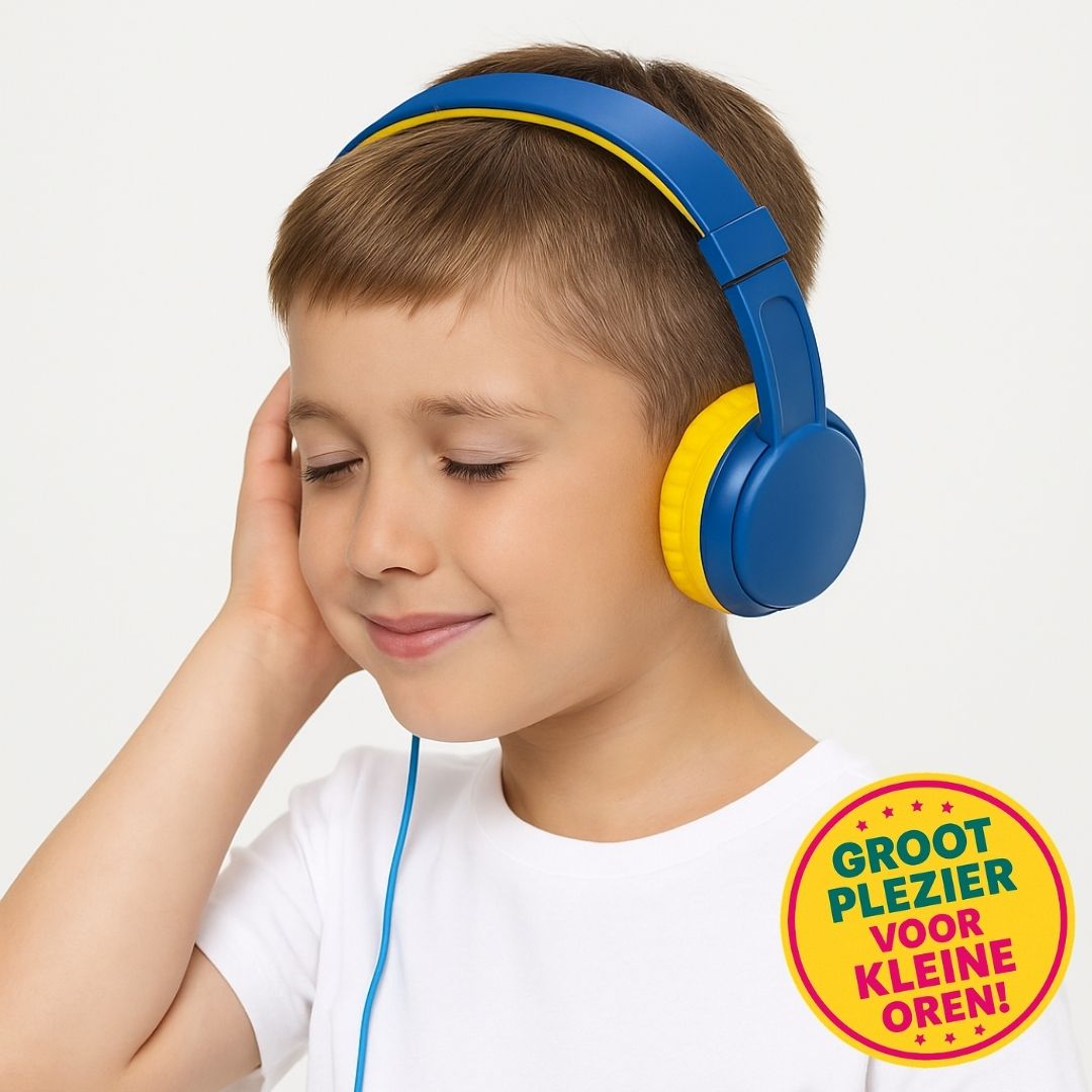 Kindvriendelijke Volkano Kids hoofdtelefoon met zacht kussen, deelpoort en opvouwbaar ontwerp – perfect voor muziekplezier en comfort onderweg.