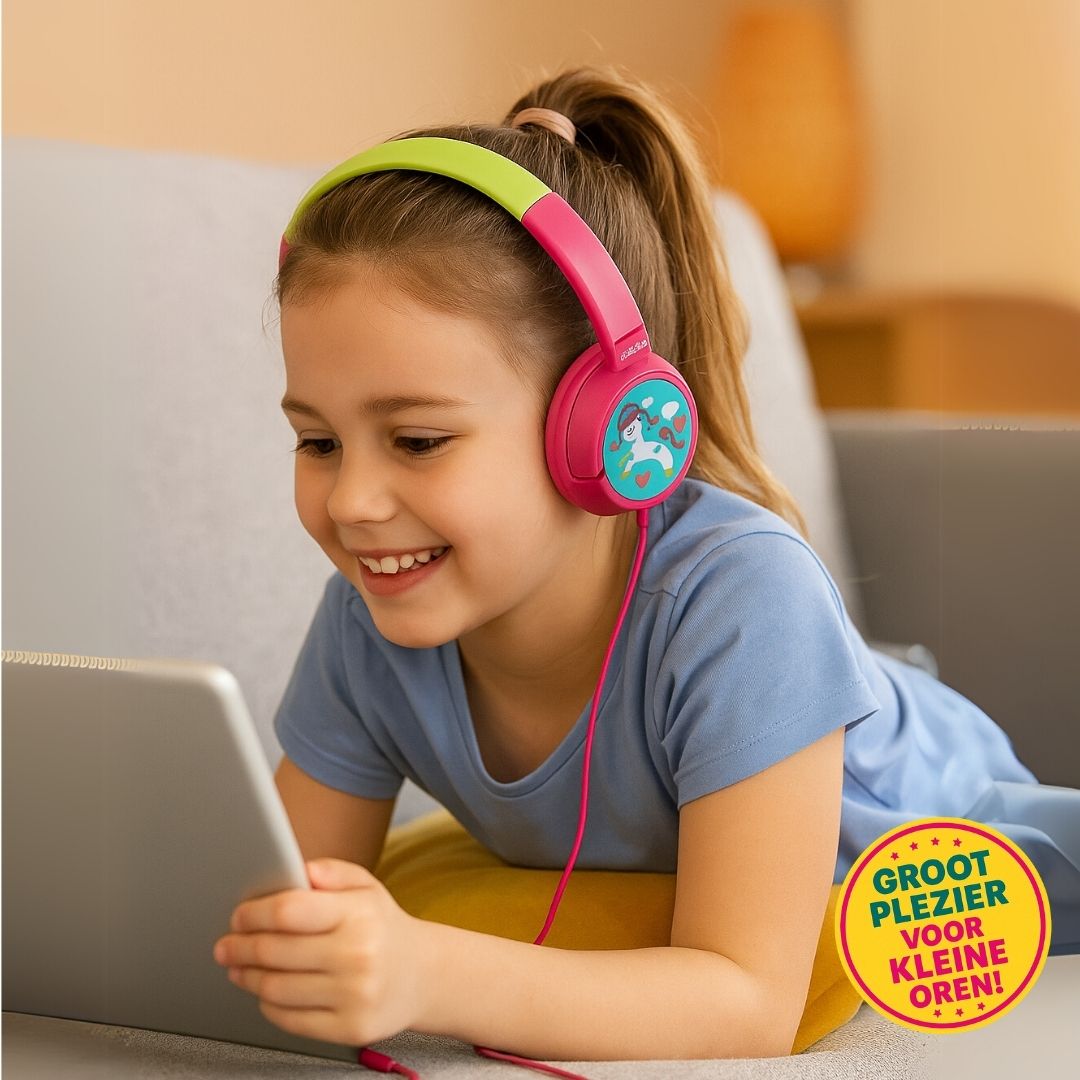 Volkano Unicorn kinder hoofdtelefoon met kleurrijk eenhoornontwerp, volumebegrenzing tot 90 dB, verstelbare hoofdband en zachte oorkussens – perfect voor veilig en plezierig luisteren