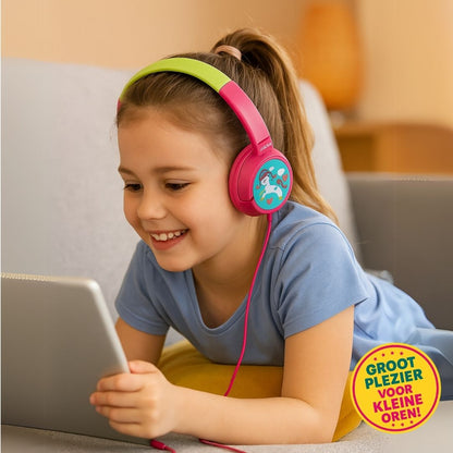 Volkano Unicorn kinder hoofdtelefoon met kleurrijk eenhoornontwerp, volumebegrenzing tot 90 dB, verstelbare hoofdband en zachte oorkussens – perfect voor veilig en plezierig luisteren