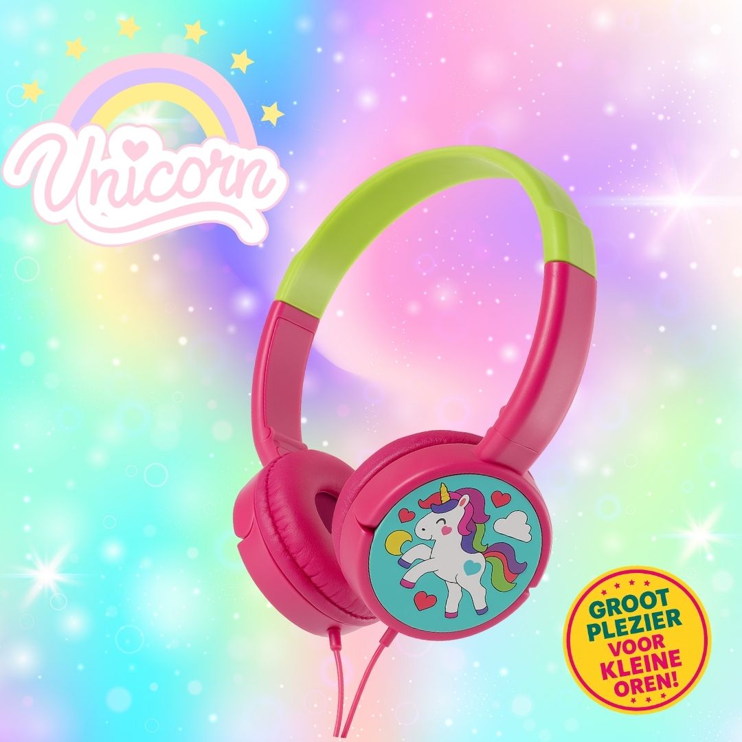 Volkano Unicorn kinder hoofdtelefoon met kleurrijk eenhoornontwerp, volumebegrenzing tot 90 dB, verstelbare hoofdband en zachte oorkussens – perfect voor veilig en plezierig luisteren