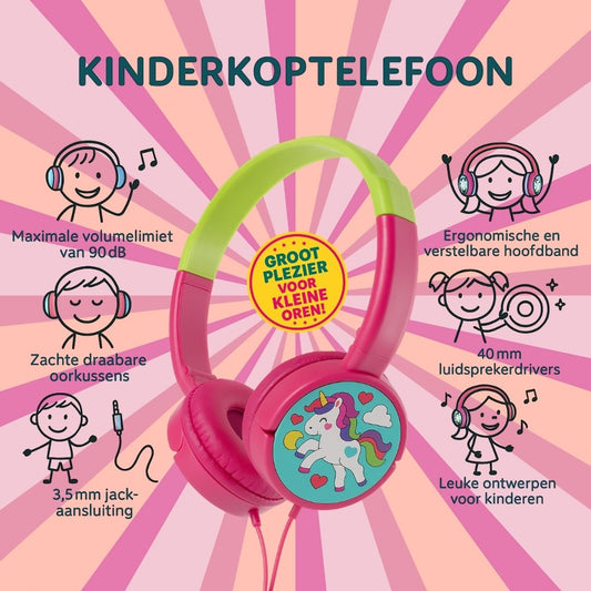 Volkano Unicorn kinder hoofdtelefoon met kleurrijk eenhoornontwerp, volumebegrenzing tot 90 dB, verstelbare hoofdband en zachte oorkussens – perfect voor veilig en plezierig luisteren