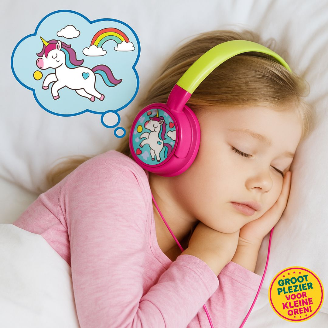 Volkano Unicorn kinder hoofdtelefoon met kleurrijk eenhoornontwerp, volumebegrenzing tot 90 dB, verstelbare hoofdband en zachte oorkussens – perfect voor veilig en plezierig luisteren