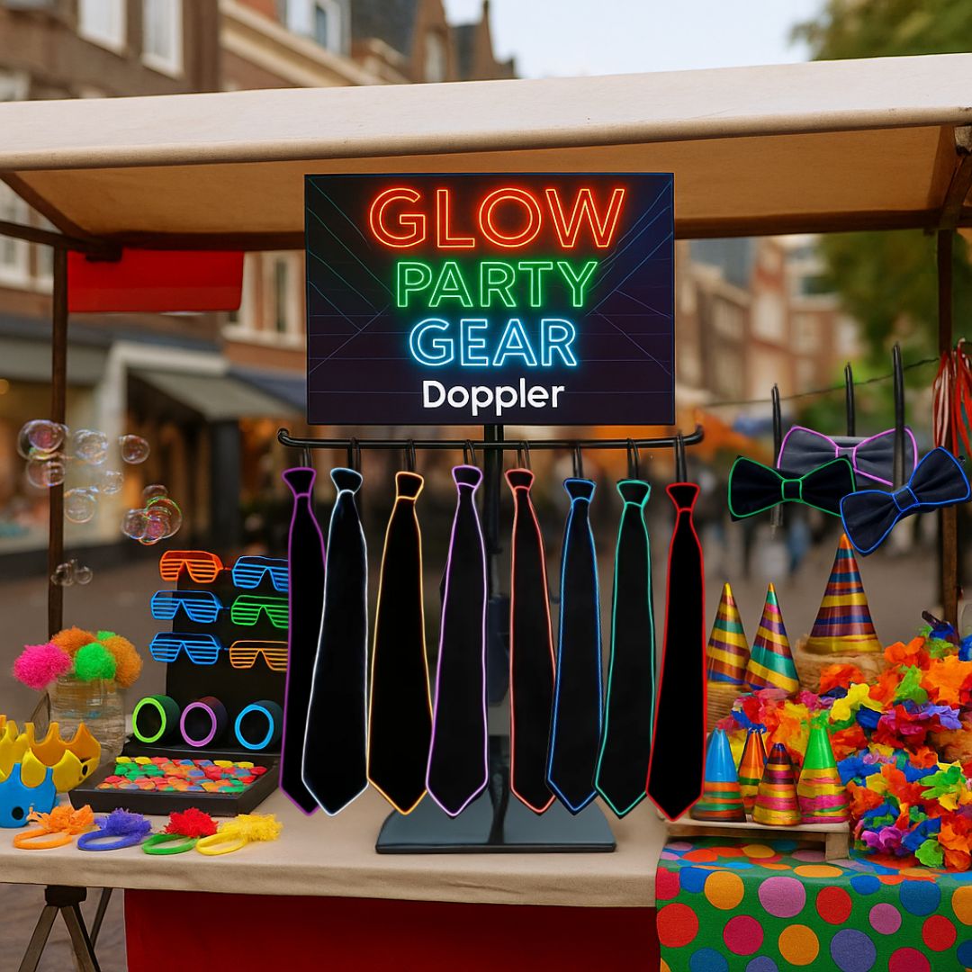 Mensen die feesten in een discotheek met Doppler LED-verlichte dassen, strikken en glow party accessoires