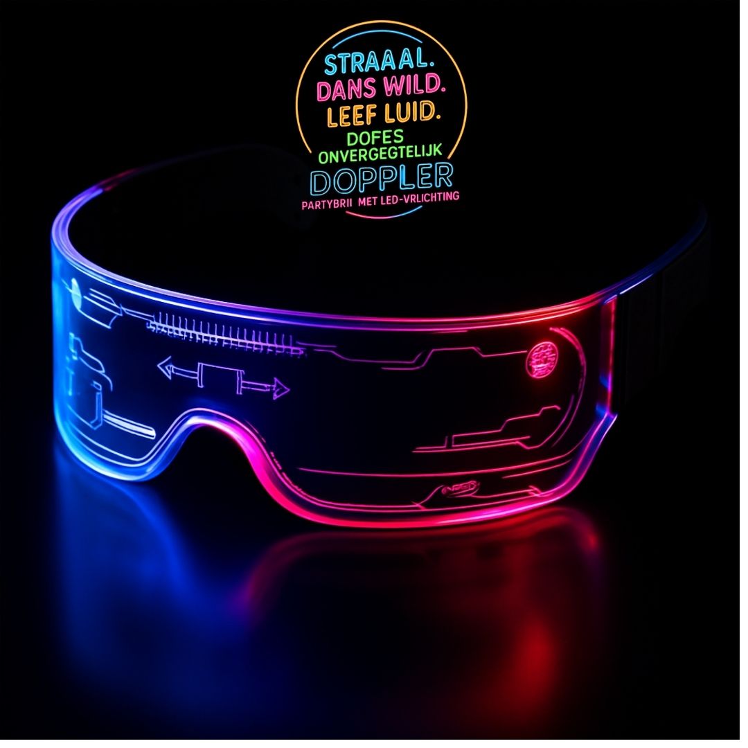 Futuristische LED feestbril van Doppler met afmetingen en technische specificaties – 15,5 cm breed, 4,5 cm hoog, uniseks maat, dubbele LED-bediening.
