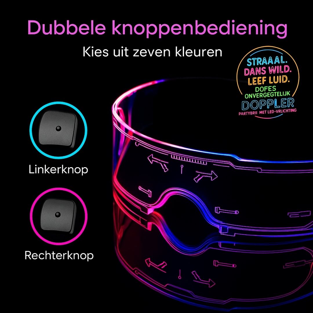Futuristische LED feestbril van Doppler met afmetingen en technische specificaties – 15,5 cm breed, 4,5 cm hoog, uniseks maat, dubbele LED-bediening.

