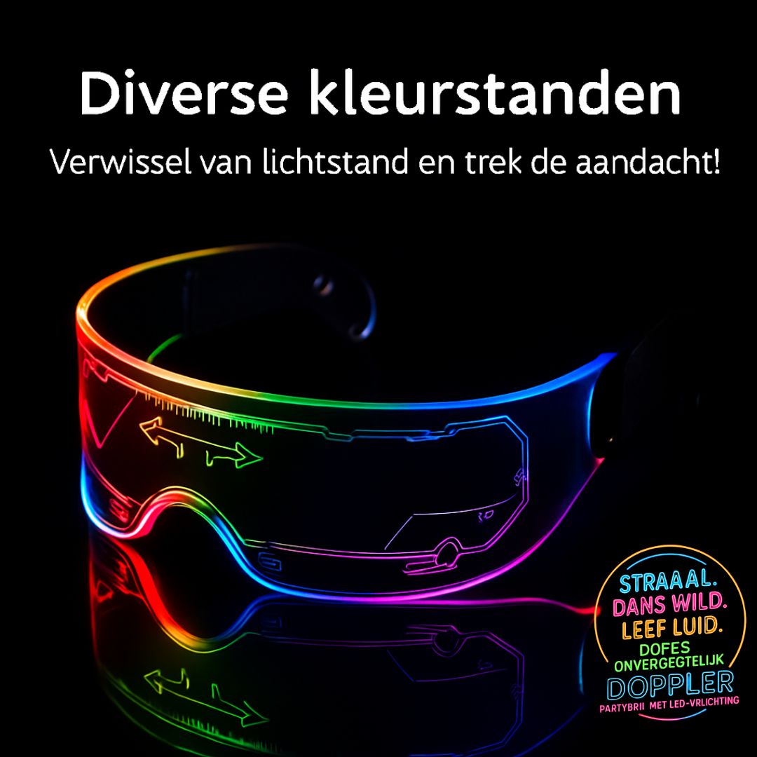 Futuristische LED feestbril van Doppler met afmetingen en technische specificaties – 15,5 cm breed, 4,5 cm hoog, uniseks maat, dubbele LED-bediening.
