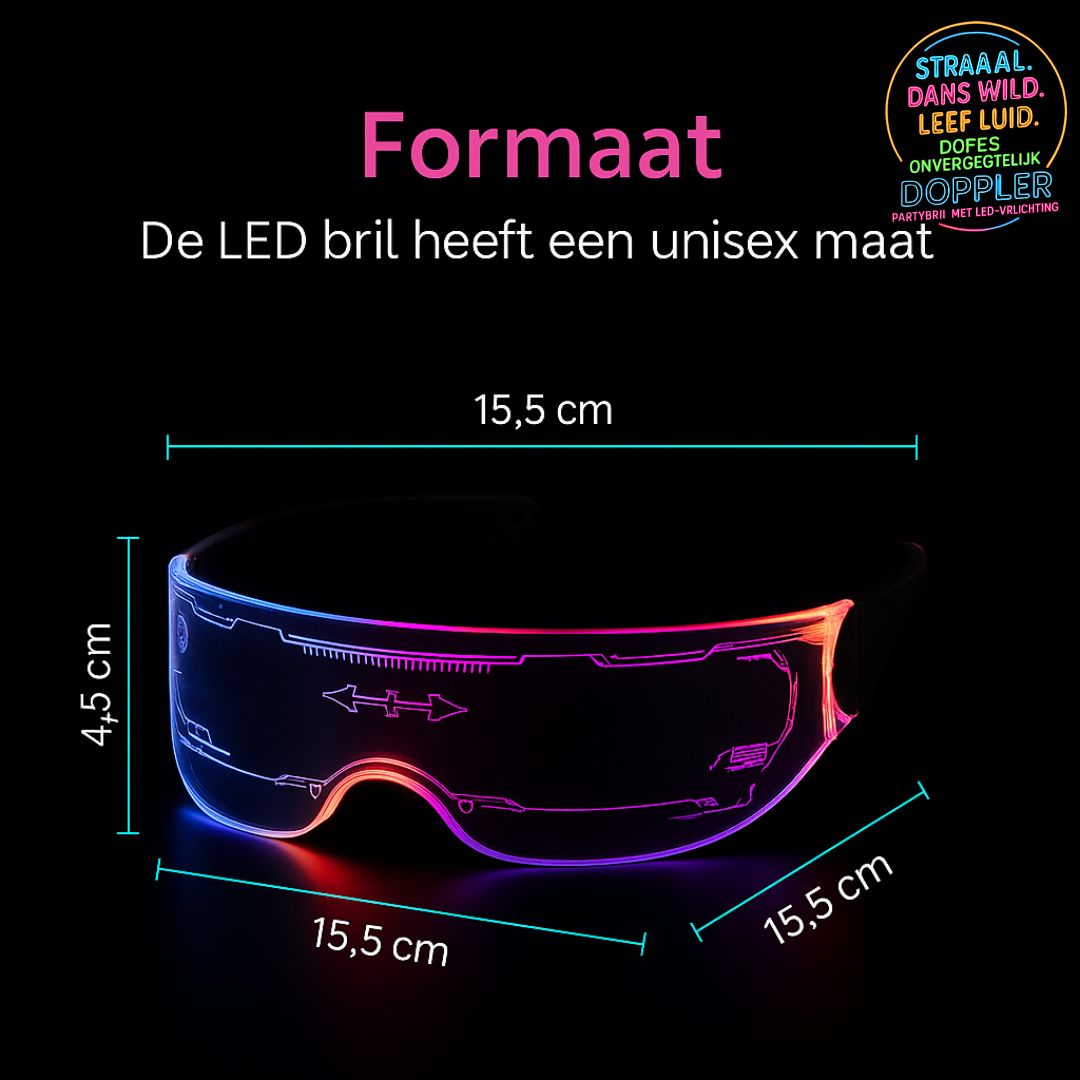 Futuristische LED feestbril van Doppler met afmetingen en technische specificaties – 15,5 cm breed, 4,5 cm hoog, uniseks maat, dubbele LED-bediening.
İngilizce: