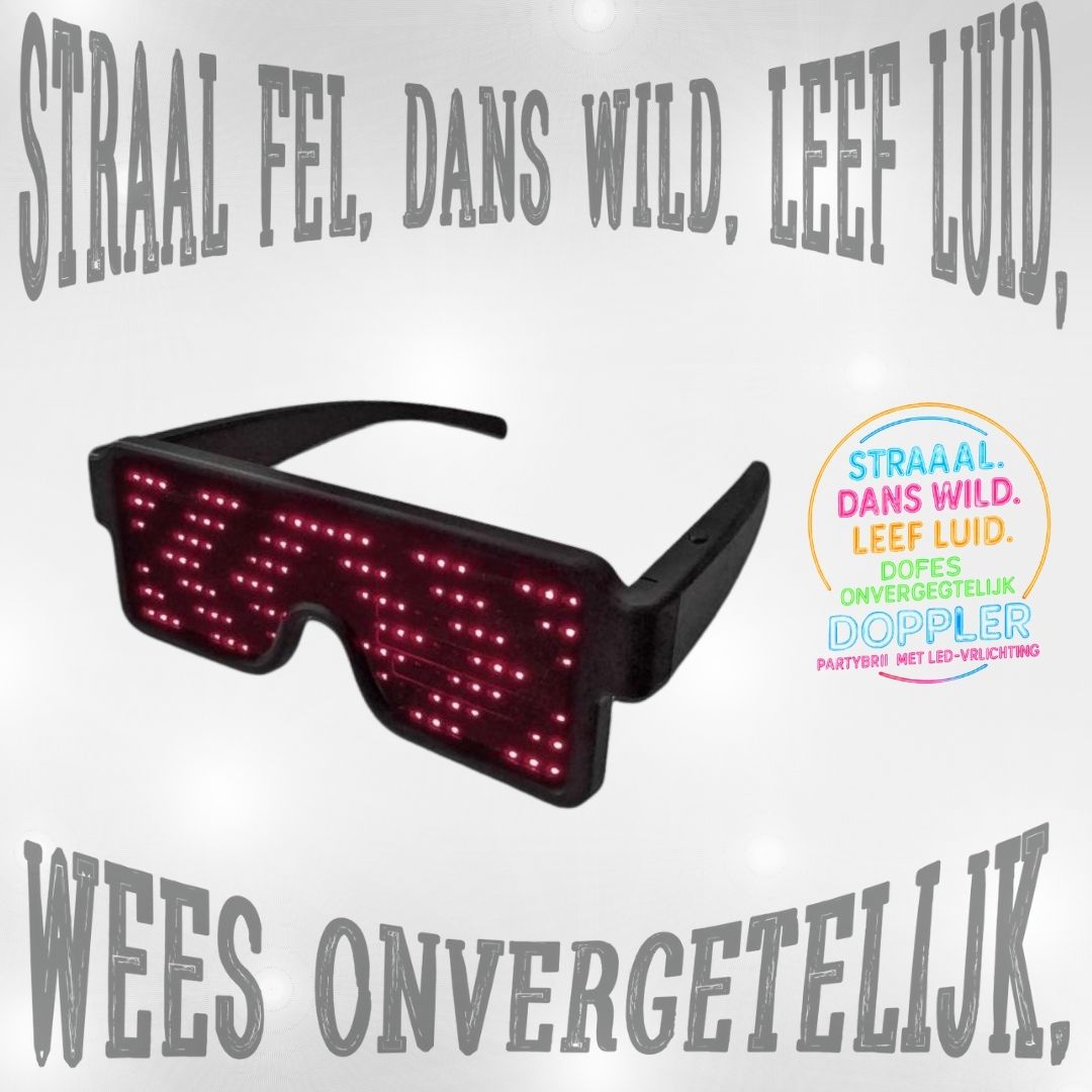 Een collectie van Doppler LED-partybrillen met verschillende dynamische lichtpatronen in meerdere kleuren – perfect voor feestjes, festivals en Koningsdag.