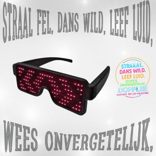 Een collectie van Doppler LED-partybrillen met verschillende dynamische lichtpatronen in meerdere kleuren – perfect voor feestjes, festivals en Koningsdag.