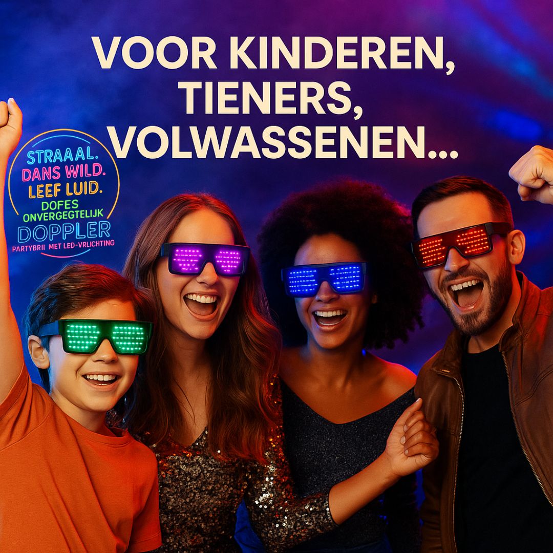 Een collectie van Doppler LED-partybrillen met verschillende dynamische lichtpatronen in meerdere kleuren – perfect voor feestjes, festivals en Koningsdag.