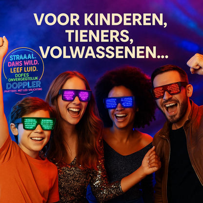 Een collectie van Doppler LED-partybrillen met verschillende dynamische lichtpatronen in meerdere kleuren – perfect voor feestjes, festivals en Koningsdag.