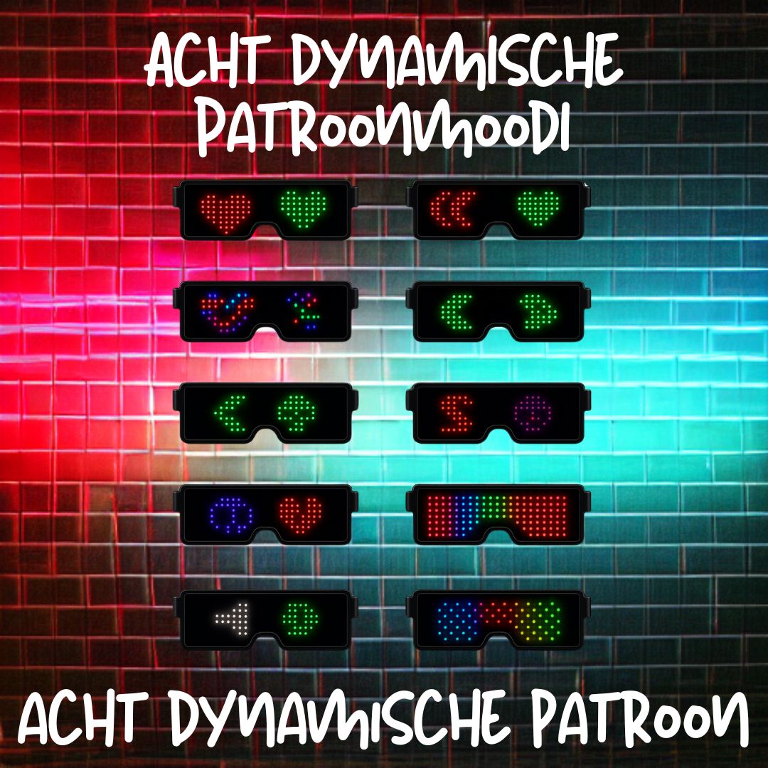 Een collectie van Doppler LED-partybrillen met verschillende dynamische lichtpatronen in meerdere kleuren – perfect voor feestjes, festivals en Koningsdag.