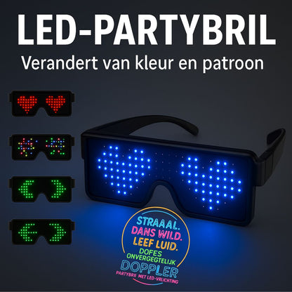 Een collectie van Doppler LED-partybrillen met verschillende dynamische lichtpatronen in meerdere kleuren – perfect voor feestjes, festivals en Koningsdag.
