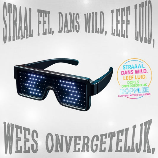 Een collectie van Doppler LED-partybrillen met verschillende dynamische lichtpatronen in meerdere kleuren – perfect voor feestjes, festivals en Koningsdag.