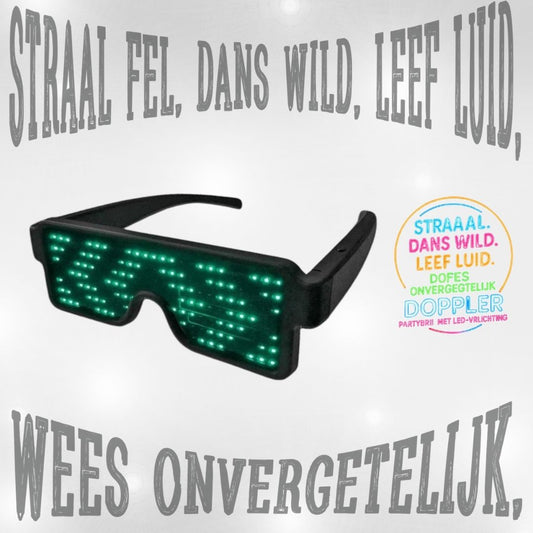 Een collectie van Doppler LED-partybrillen met verschillende dynamische lichtpatronen in meerdere kleuren – perfect voor feestjes, festivals en Koningsdag.