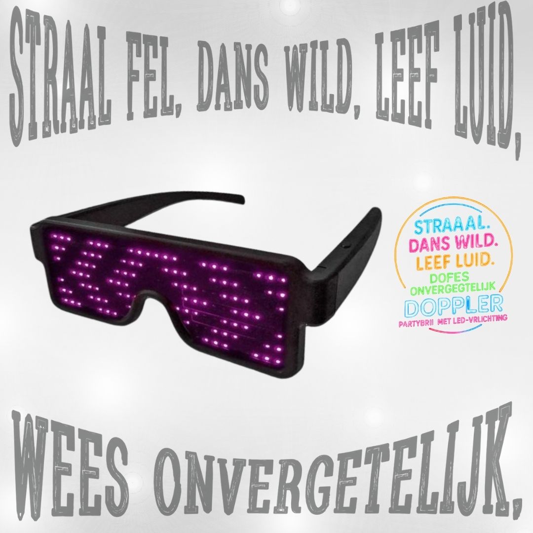 Een collectie van Doppler LED-partybrillen met verschillende dynamische lichtpatronen in meerdere kleuren – perfect voor feestjes, festivals en Koningsdag.