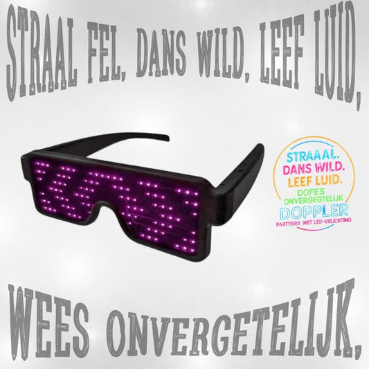 Een collectie van Doppler LED-partybrillen met verschillende dynamische lichtpatronen in meerdere kleuren – perfect voor feestjes, festivals en Koningsdag.