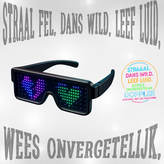 Een collectie van Doppler LED-partybrillen met verschillende dynamische lichtpatronen in meerdere kleuren – perfect voor feestjes, festivals en Koningsdag.