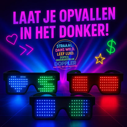 Een collectie van Doppler LED-partybrillen met verschillende dynamische lichtpatronen in meerdere kleuren – perfect voor feestjes, festivals en Koningsdag.