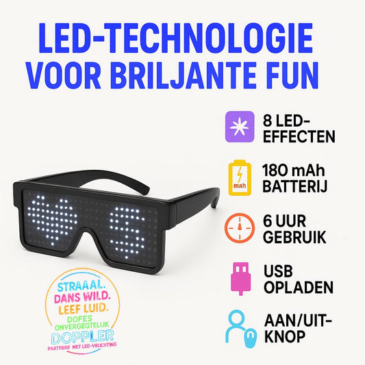 Een collectie van Doppler LED-partybrillen met verschillende dynamische lichtpatronen in meerdere kleuren – perfect voor feestjes, festivals en Koningsdag.