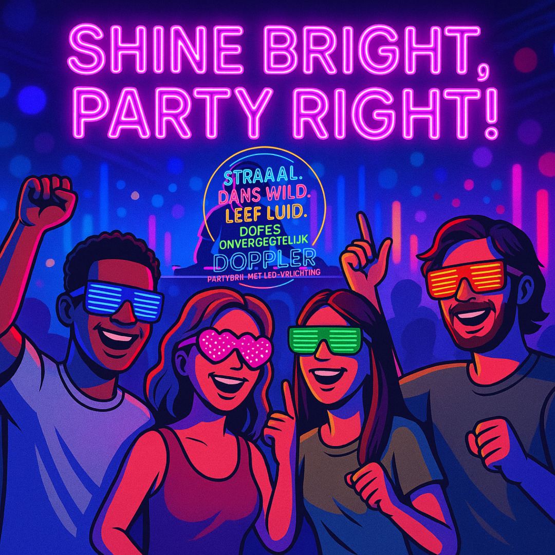 Een collectie van Doppler LED-partybrillen met verschillende dynamische lichtpatronen in meerdere kleuren – perfect voor feestjes, festivals en Koningsdag.