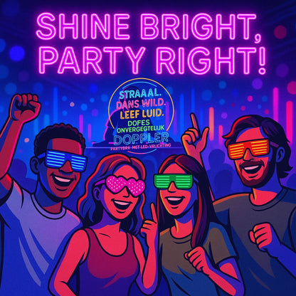 Een collectie van Doppler LED-partybrillen met verschillende dynamische lichtpatronen in meerdere kleuren – perfect voor feestjes, festivals en Koningsdag.