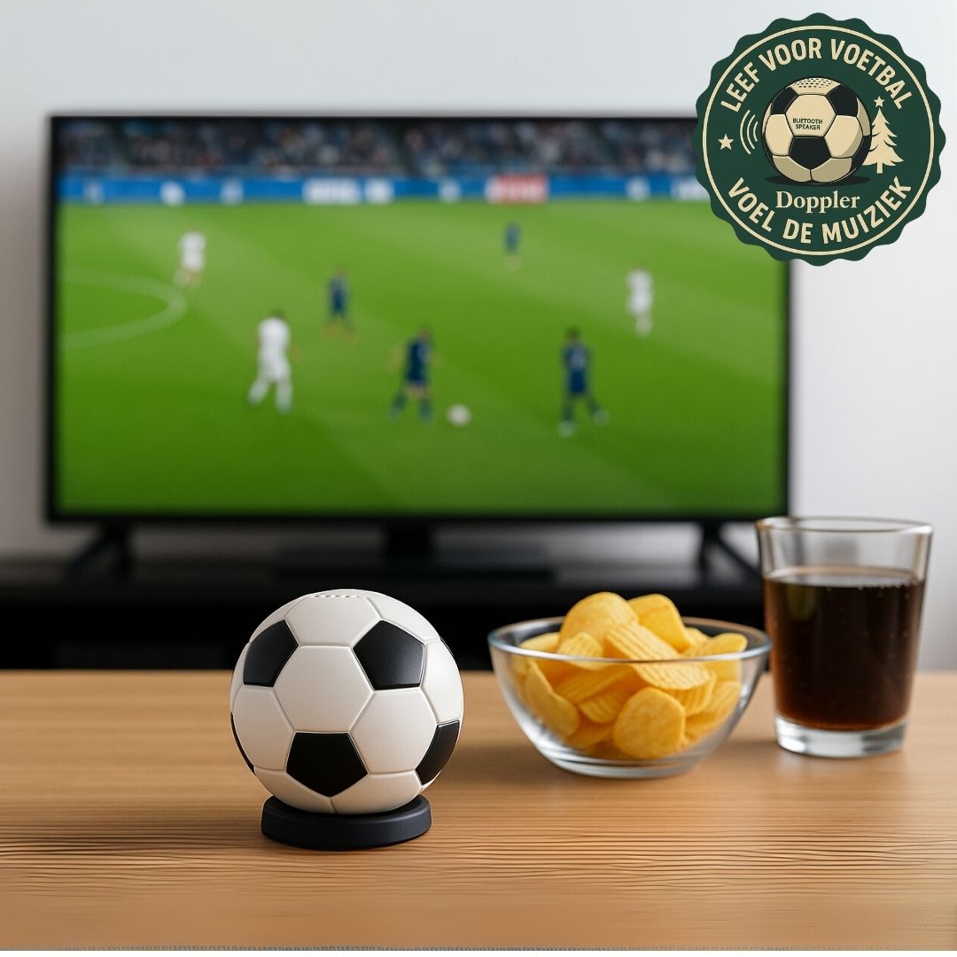 Mini Bluetooth speaker in de vorm van een zwart-witte voetbal, compact, draadloos en perfect voor voetbalfans.