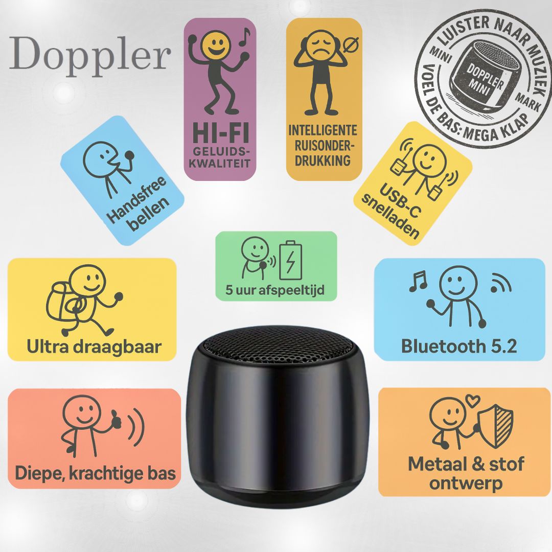 Doppler Mini zwart draagbare draadloze Bluetooth-speaker met extra bas en tot 5 uur batterijduur