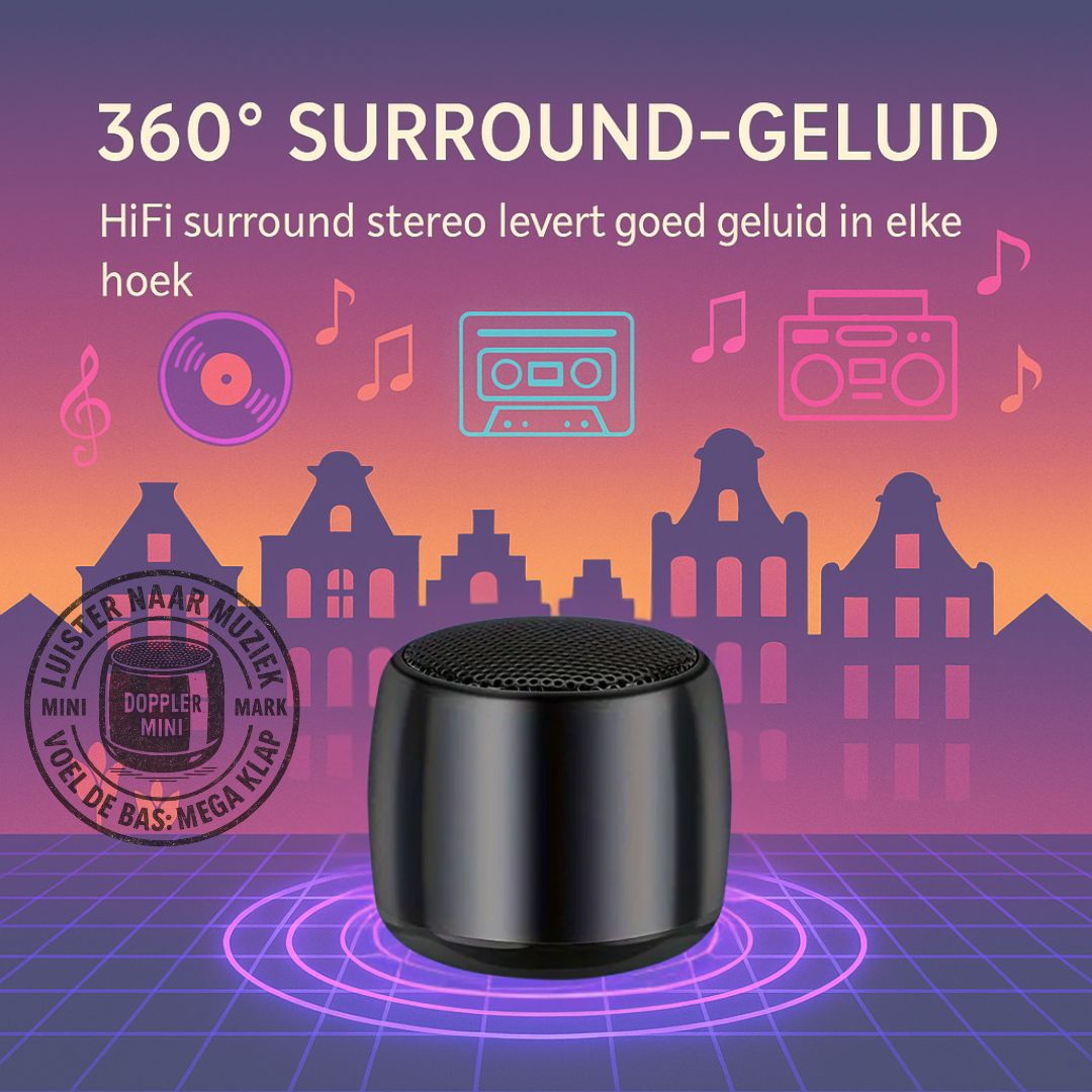 Doppler Mini zwart draagbare draadloze Bluetooth-speaker met extra bas en tot 5 uur batterijduur